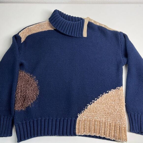Turtleneck Sweater Miss Capitan size S cotton blue beige brown - Picture 5 of 13